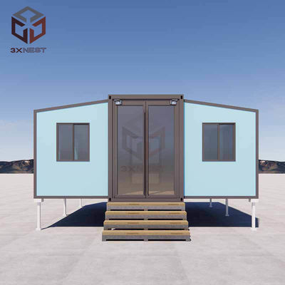 Rumah kontainer sayap ganda dengan balkon Plywood Flooring Rock Wool Sandwich Panel
